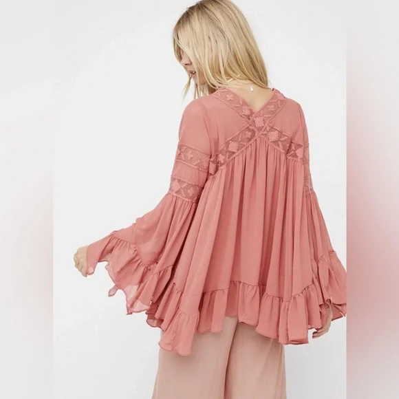 Free People All Night Lace Buttondown Ruffled Tunic Top - Picture 3 of 5